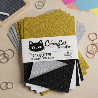 Pack Glitter - 10 Feuilles A4 (3 Or, 3 Argent, 2 Noir, 2 Blanc)